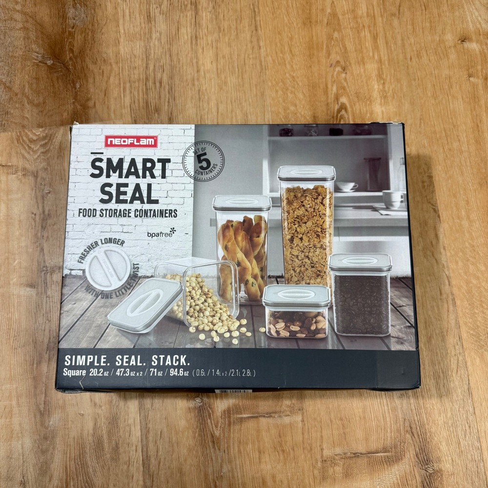 Neoflam Smart Seal 5 Piece Airtight Food Storage Container Set Square Gray Lid